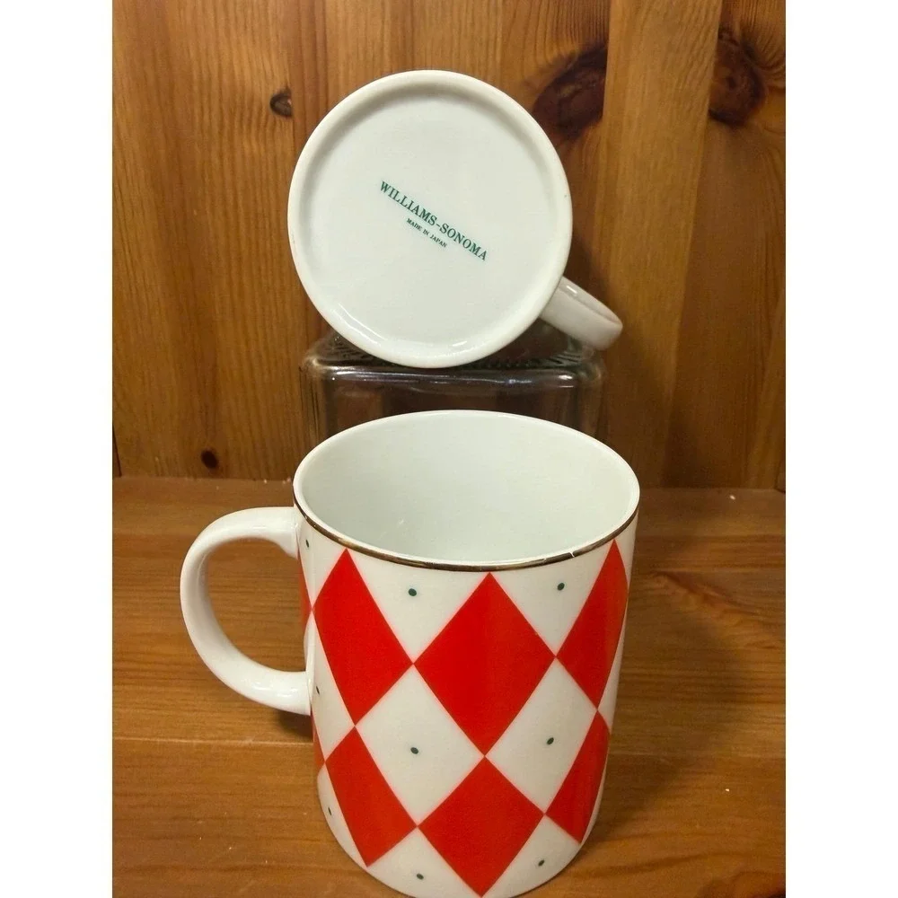 Williams Sonoma Harlequin Diamond Mugs Set of 2 Red‎ White Gold Trim